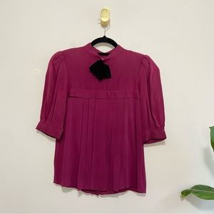 Vintage Richard Warren Fuchsia Short Puff Sleeve High Neck Blouse Top